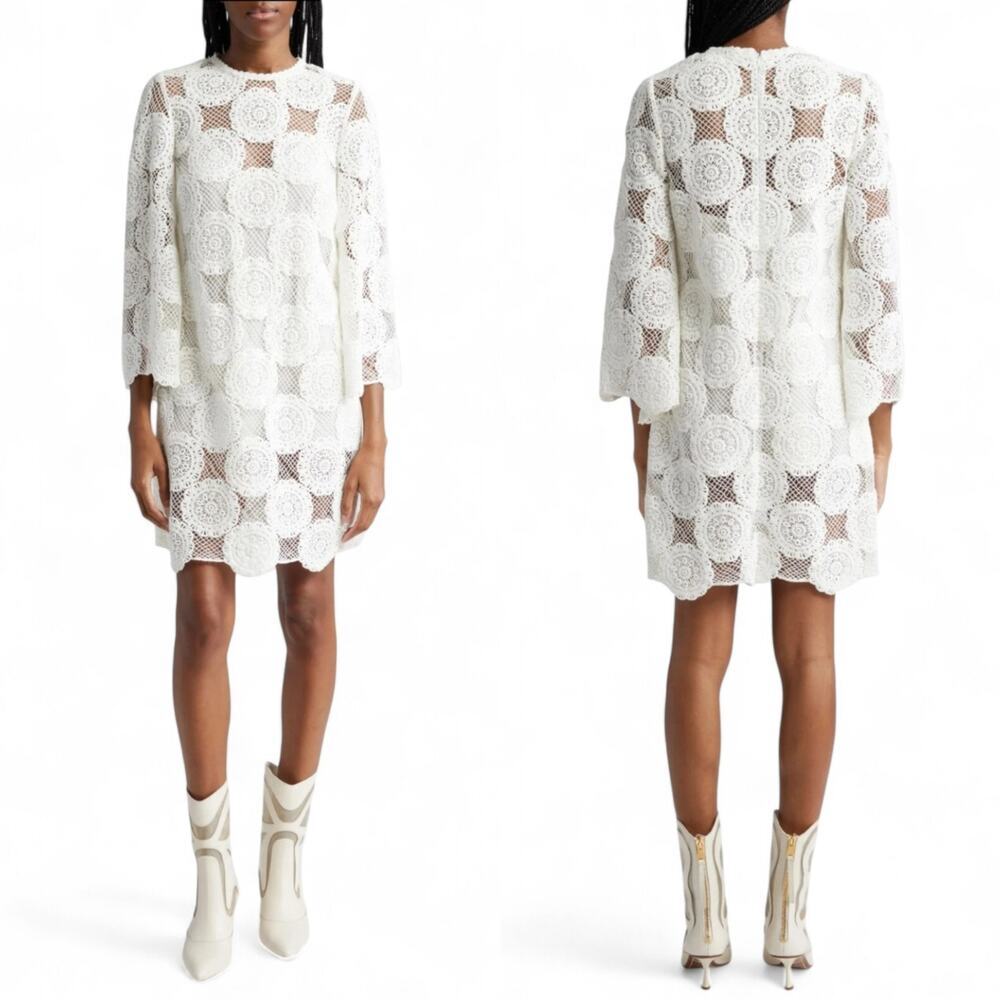 Zimmermann Junie Ivory Cotton Lace Crochet Mini Dress Cottagecore Sz 3 / 10 / L